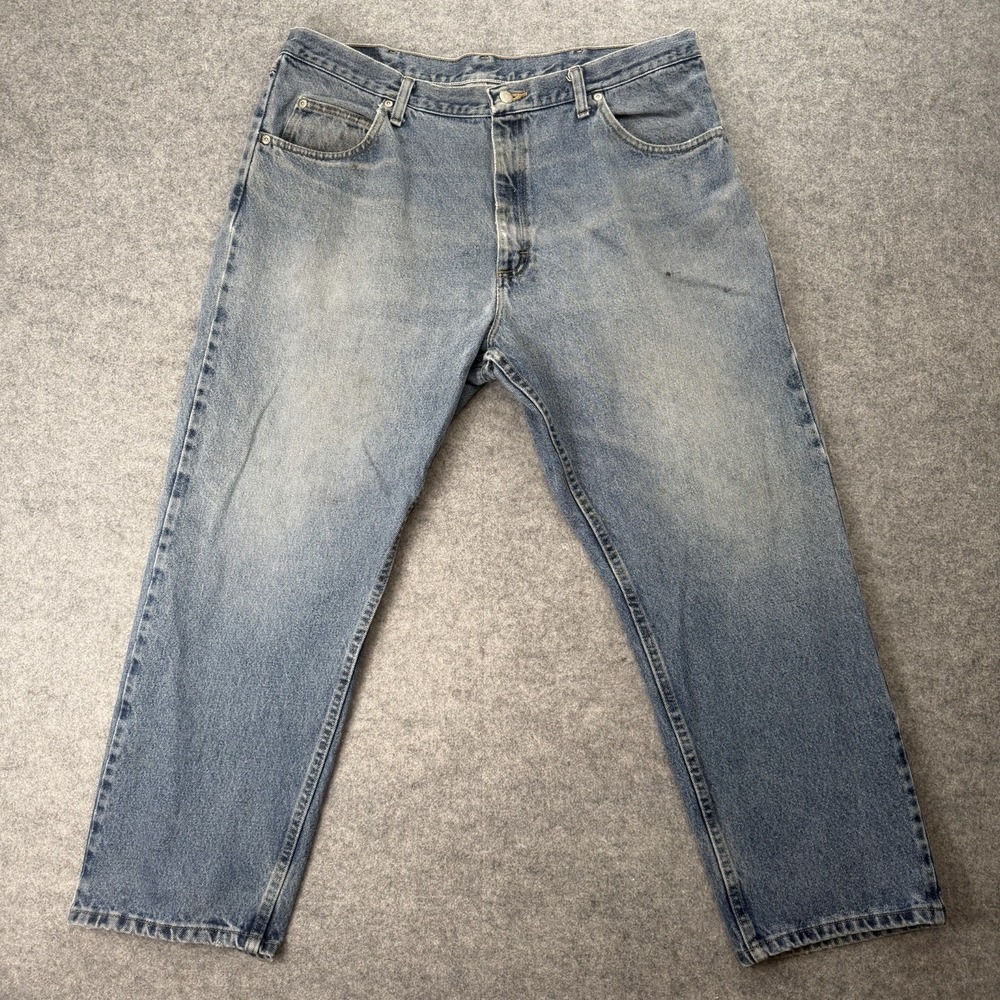 Wrangler Mens Relaxed Fit Jeans Size 40x29 Blue Denim Light Wash Stains